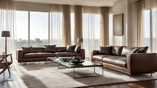 Modern living room with two brown leather sofas, a glass coffee table, and sheer beige curtains overlooking a scenic view.
