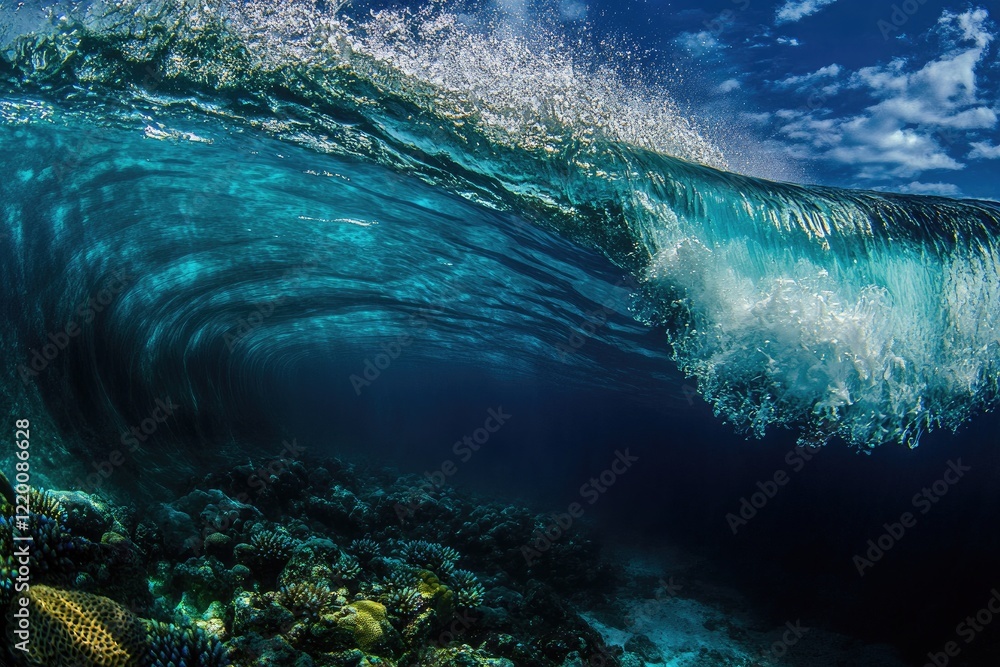 Obraz premium A powerful ocean wave cresting over a rocky underwater reef, colors shifting from deep blue to vivid teal, with foam and spray scattering light as the wave rolls in.