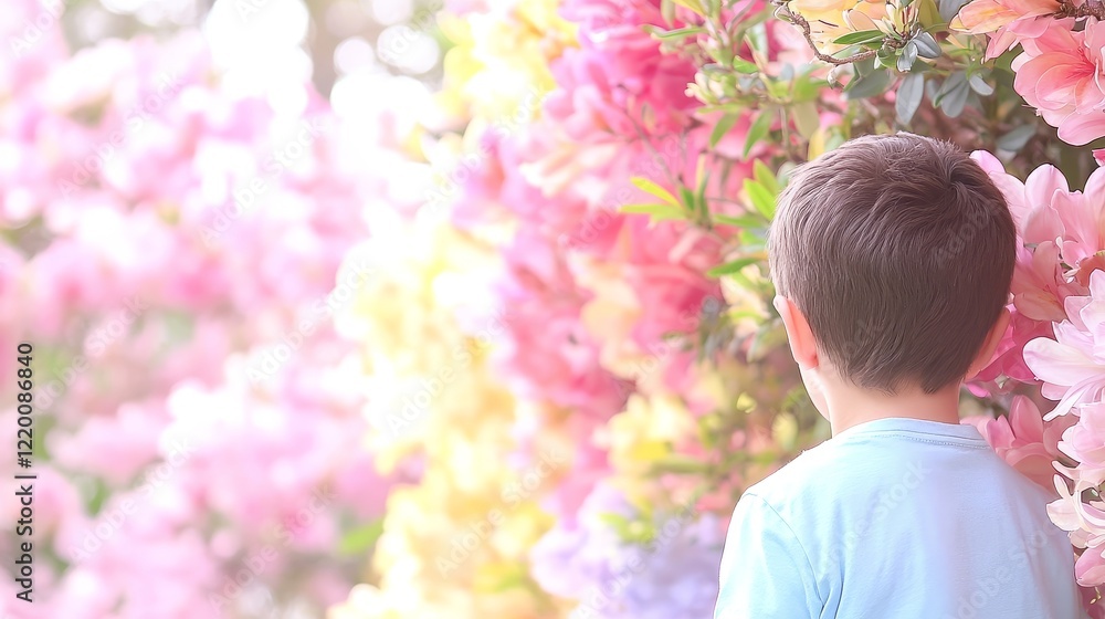 Fototapeta premium Child Admiring Vibrant Spring Azalea Blooms in Garden
