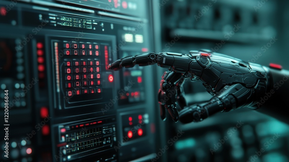 Naklejka premium Futuristic robotic hand interacting with digital interface, showcasing advanced technology, artificial intelligence applications, and vibrant data visualization in a modern environment.
