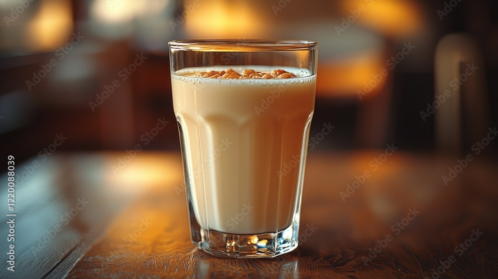 A glass of milk with a light brown crunchy topping placed on a wooden surface A glass of milk with a light brown crunchy topping placed on a wooden surface
