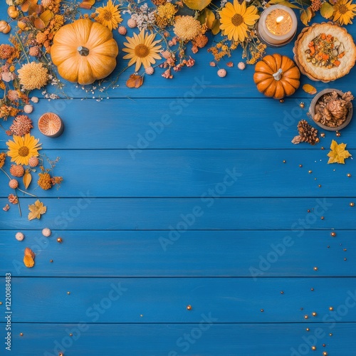 Wallpaper Mural Autumn Harvest Table: Pumpkins, Flowers, and Pie on Blue Wooden Background - Topdown View Torontodigital.ca