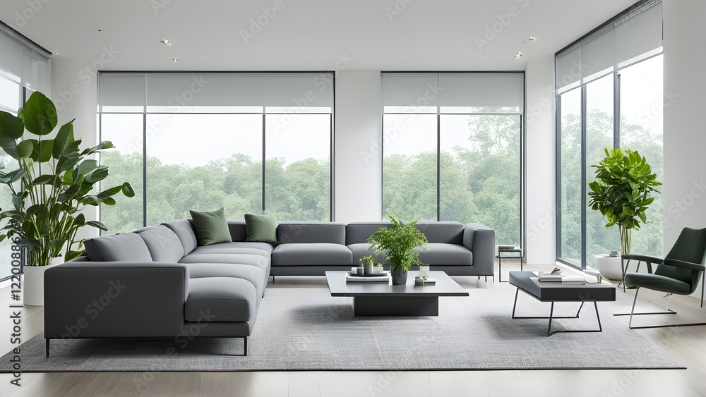 Fototapeta premium Modern gray sectional sofa and contemporary furniture in a bright, airy living room with large windows overlooking a lush green landscape.