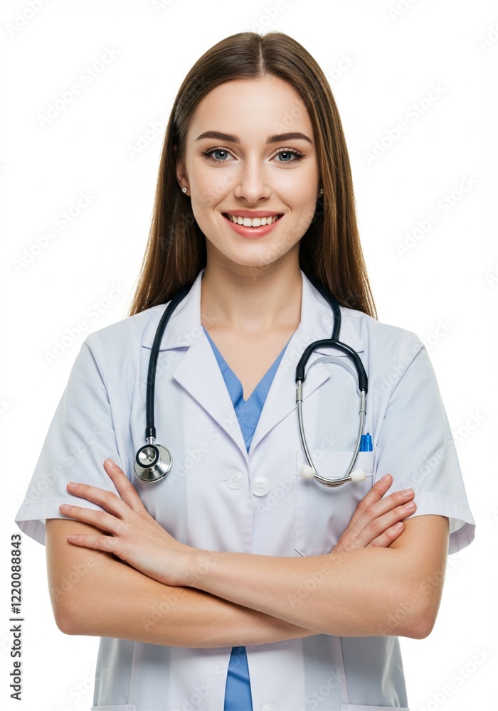 Photo of young woman folding hands . a confident doctor with a happy face. plain white background . Ai generative Photo of young woman folding hands . a confident doctor with a happy face. plain white background . Ai generative
