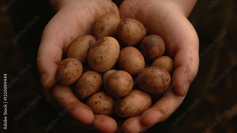 Child's Hands Holding a Collection of Quail Eggs Child's Hands Holding a Collection of Quail Eggs