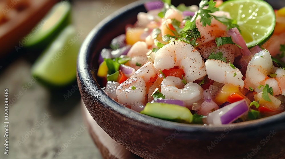 Traditional Peruvian ceviche with seafood and lime. Featuring a fresh and tangy dish. Highlighting the texture and flavors of the ceviche. Ideal for food and cultural themes. Traditional Peruvian ceviche with seafood and lime. Featuring a fresh and tangy dish. Highlighting the texture and flavors of the ceviche. Ideal for food and cultural themes.