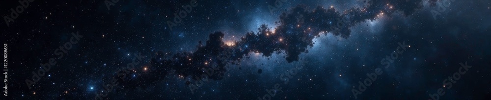 Fototapeta premium Dark space with twinkling silver stars and flecks of grey matter, black, space