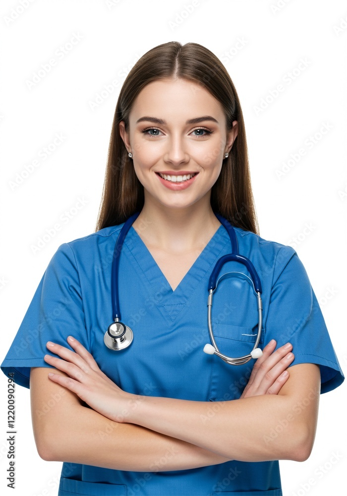 Photo of young woman folding hands . a confident doctor with a happy face. plain white background . Ai generative Photo of young woman folding hands . a confident doctor with a happy face. plain white background . Ai generative
