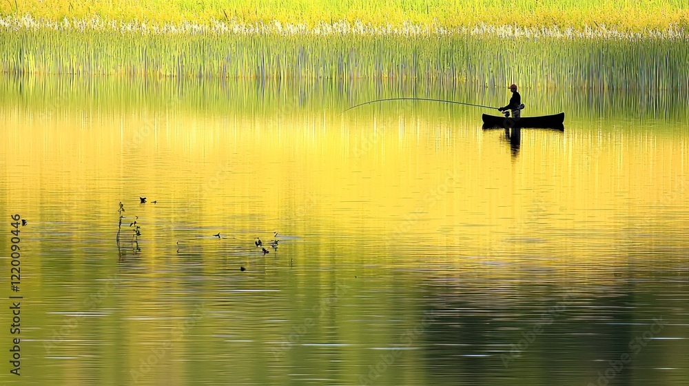 Fisherman in canoe on calm autumn lake, reeds background, peaceful solitude Fisherman in canoe on calm autumn lake, reeds background, peaceful solitude