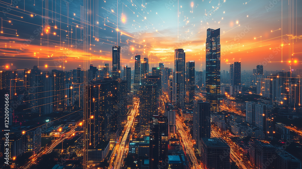 Fototapeta premium Illuminated Cityscape at Sunset with Glowing Network Connections