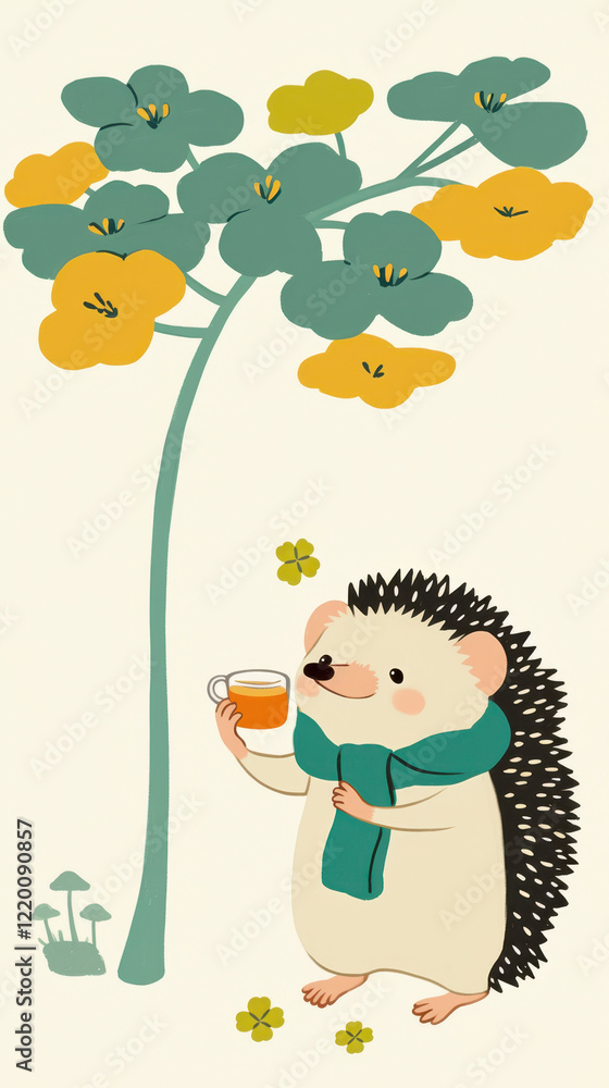 Naklejka premium cute hedgehog wearing green scarf enjoys tea under tree