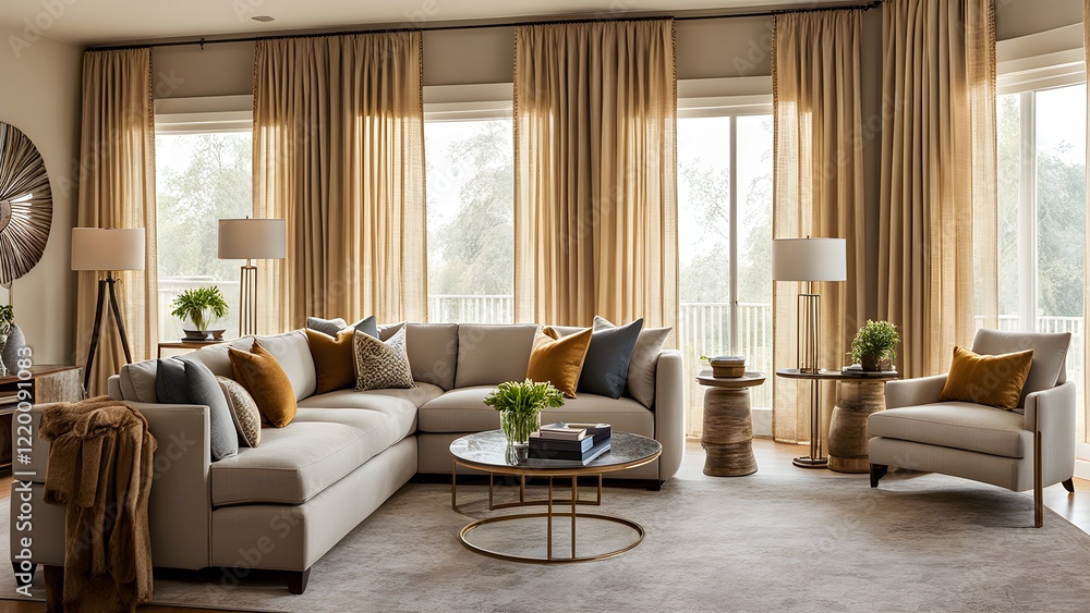 Fototapeta premium Elegant living room interior with a beige sectional sofa, gold accent tables, and sheer beige curtains framing large windows.