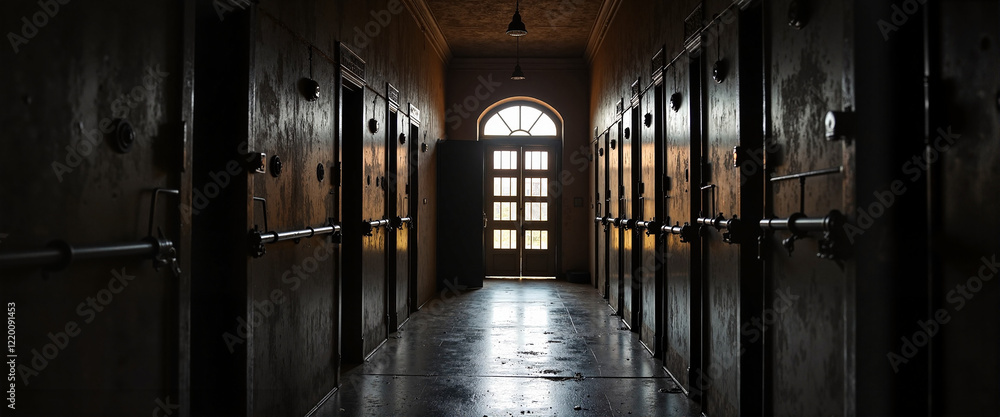 Open prison cell doorway with light streaming in, theme of liberation Open prison cell doorway with light streaming in, theme of liberation