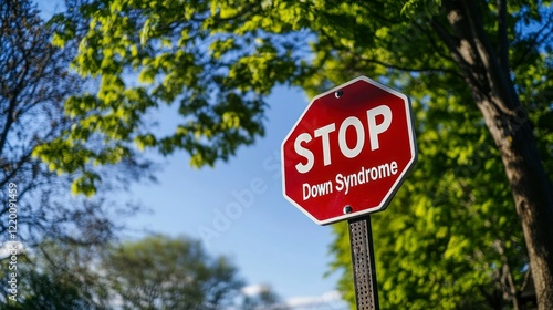 A red stop sign with the words STOP and Down Syndrome written in white, centered on it.