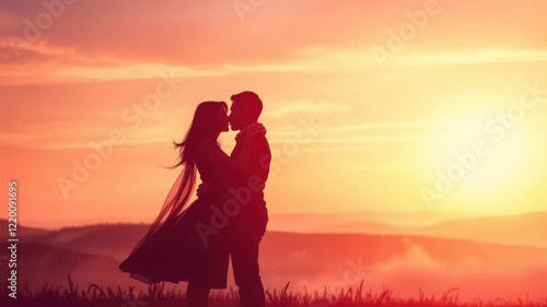 Wallpaper Mural A romantic silhouette of a couple kissing against a vibrant sunset, surrounded by a serene landscape, evoking feelings of love and connection. Torontodigital.ca