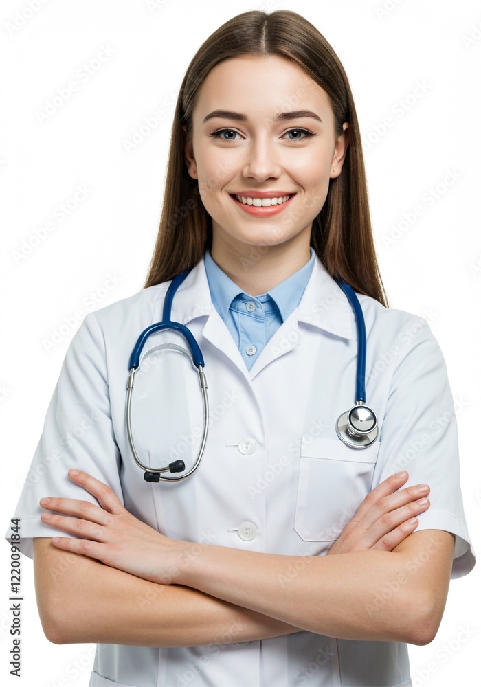 Photo of young woman folding hands . a confident doctor with a happy face. plain white background . Ai generative Photo of young woman folding hands . a confident doctor with a happy face. plain white background . Ai generative