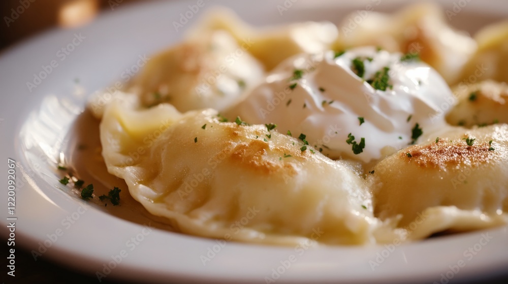 Traditional Polish pierogi with sour cream. Featuring a savory and comforting dish. Highlighting the texture and flavors of the pierogi. Ideal for food and cultural themes. Traditional Polish pierogi with sour cream. Featuring a savory and comforting dish. Highlighting the texture and flavors of the pierogi. Ideal for food and cultural themes.