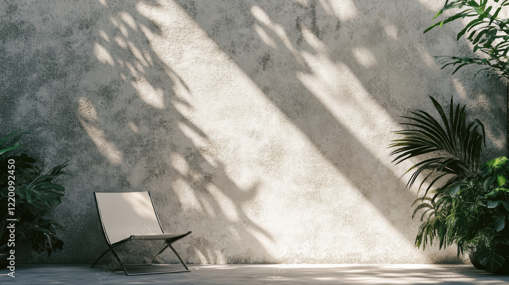 Minimalist chair sits in sunlit corner with lush plants casting shadows Minimalist chair sits in sunlit corner with lush plants casting shadows