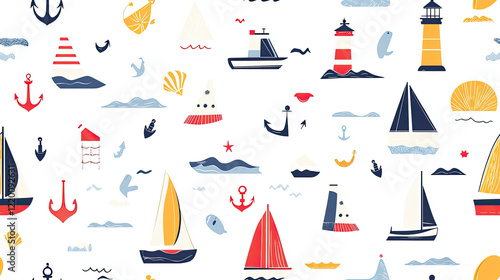 Nautical themed pattern with boats, anchors, and lighthouses photo