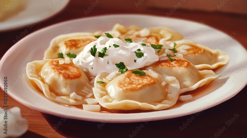 Traditional Polish pierogi with sour cream and onions. Featuring a comforting and savory dish. Highlighting the texture and flavors of the pierogi. Ideal for food and cultural themes. Traditional Polish pierogi with sour cream and onions. Featuring a comforting and savory dish. Highlighting the texture and flavors of the pierogi. Ideal for food and cultural themes.