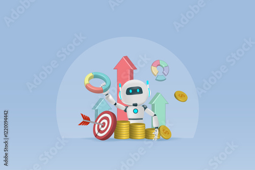 AI artificial intelligence robot with growth graph and money profit as business strategy assistant. AI technology as smart assistant in business analysis to develop smart solution.