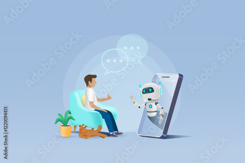 AI chat robot on smartphone communicate with human on couch. Artificial intelligence innovation technology generates smart solution, service communication support. 3D vector.