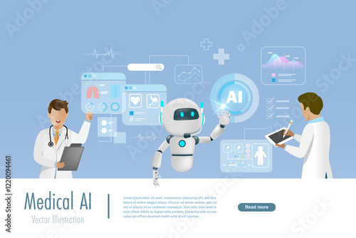 AI robot touch AI medical data network connecting. Artificial intelligence innovation technology for diagnosis, care, and increasing accuracy patient treatment. Medical research and development.