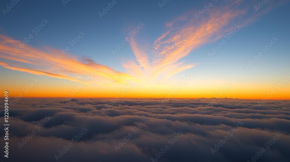 A vibrant sunrise over a sea of clouds, showcasing a blend of orange, pink, and blue hues in the sky. A vibrant sunrise over a sea of clouds, showcasing a blend of orange, pink, and blue hues in the sky.