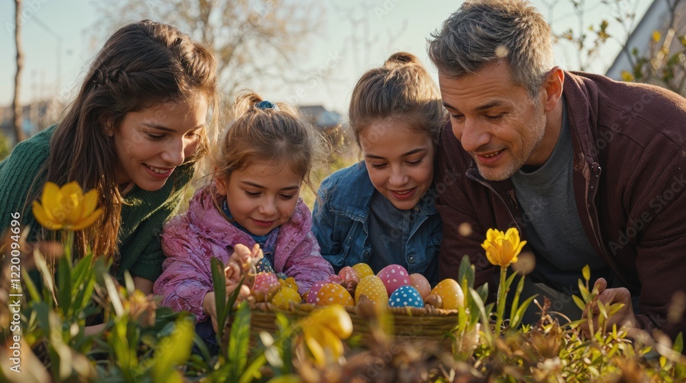 Fototapeta premium Four family members enjoy a delightful spring afternoon as they search for vibrant Easter eggs hidden among wildflowers, sharing laughter and excitement in the beautiful sunlight.