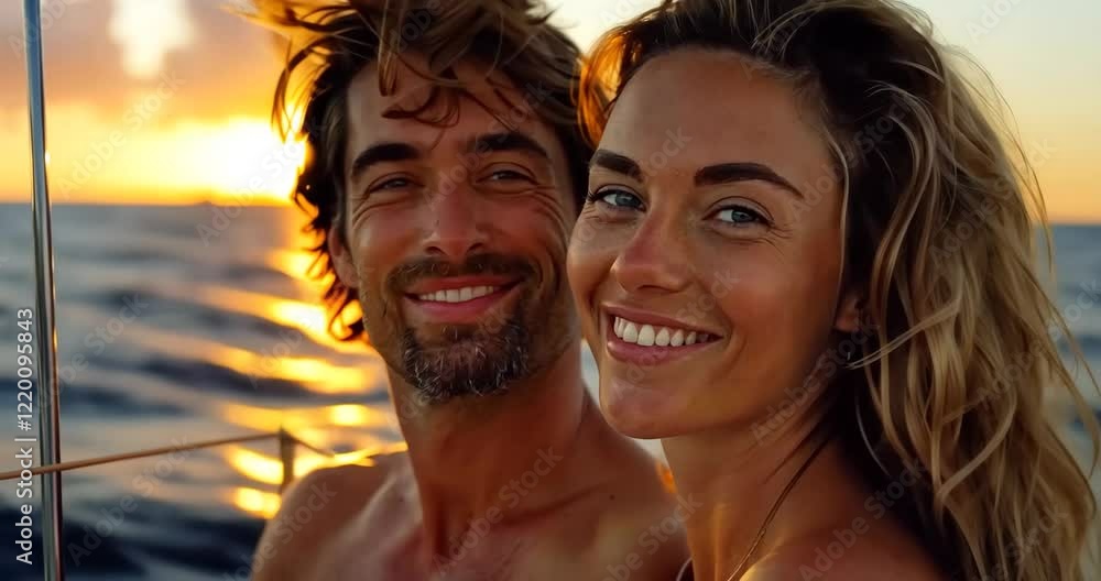 The image portrays a romantic moment between a couple enjoying a sunset while sailing, their happiness illuminated by the golden light The image portrays a romantic moment between a couple enjoying a sunset while sailing, their happiness illuminated by the golden light