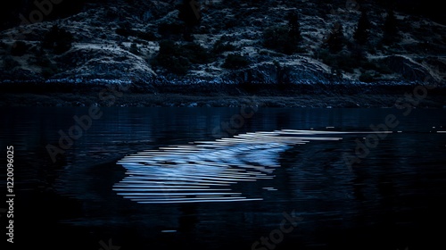 The tranquil surface of still water disturbed only by a soft breeze, creating ripples that glide across the water, altering its reflection. The calm and serenity of the scene is enhanced by photo