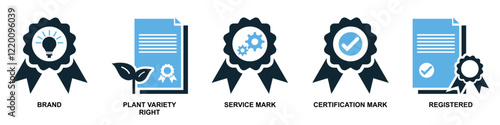 Collection of intellect property icons in vector format showcasing symbols like brain, light bulb, gears and patents. Ideal for education, innovation and intellectual themes.	