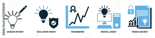 Collection of intellect property icons in vector format showcasing symbols like brain, light bulb, gears and patents. Ideal for education, innovation and intellectual themes.	