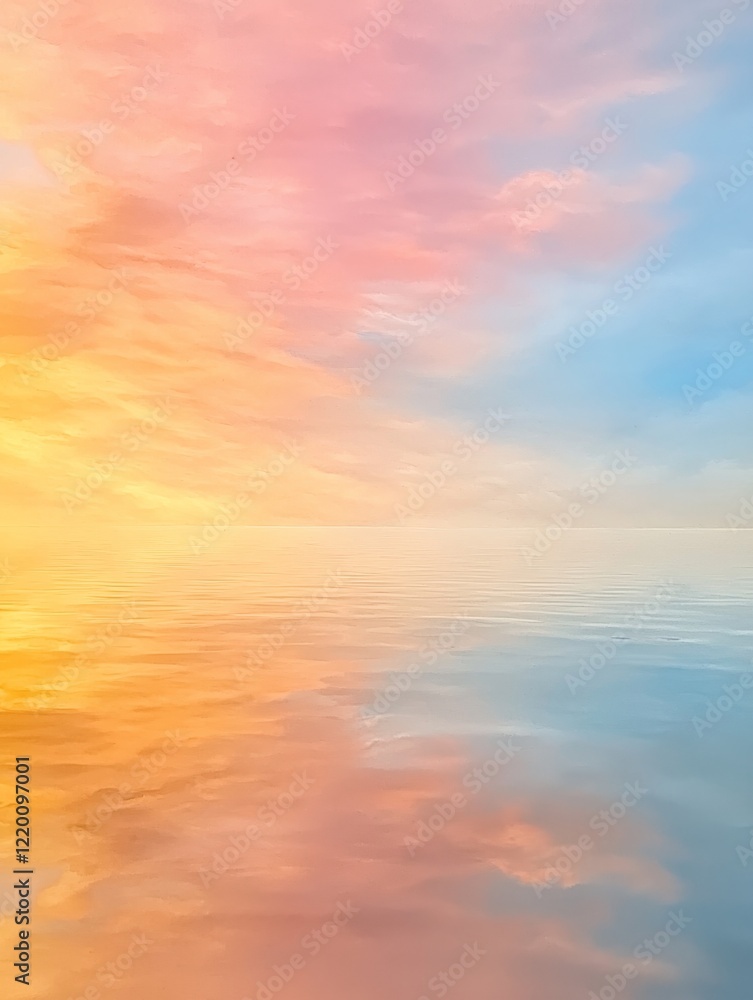 A serene landscape featuring a tranquil water surface reflecting a pastel sky with shades of pink, orange, and blue. A serene landscape featuring a tranquil water surface reflecting a pastel sky with shades of pink, orange, and blue.