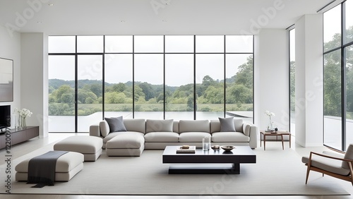 Modern light beige sectional sofa with ottoman and coffee table in a minimalist living room with floor-to-ceiling windows offering a scenic view.