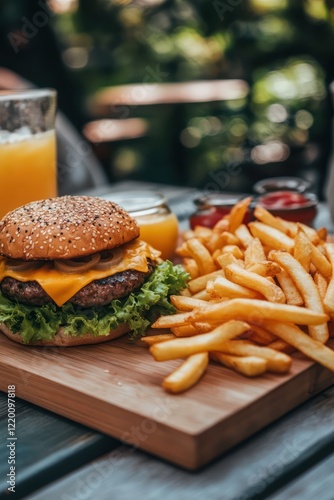 Delicious burger with melted cheese and crispy fries outdoor meal