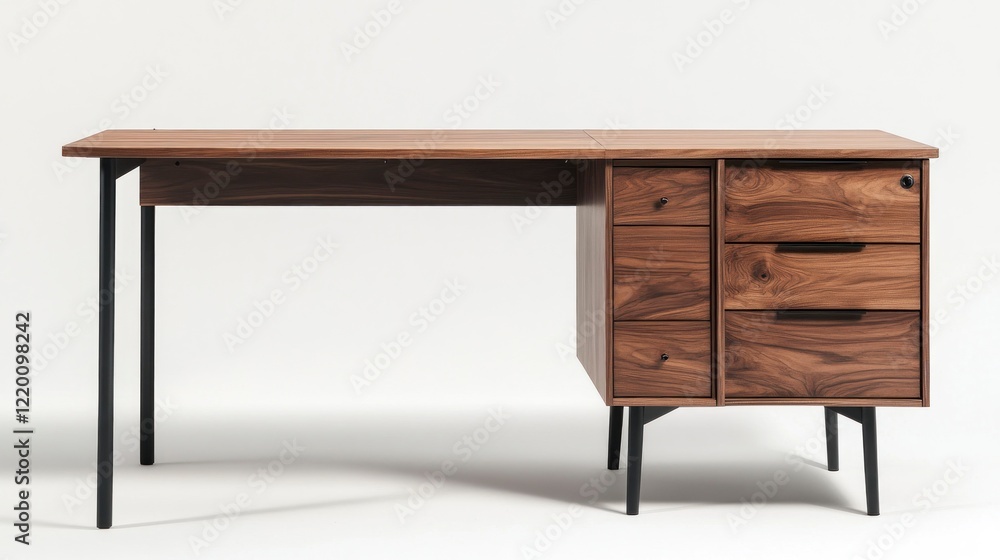 Stylish L shaped desk with three drawers and two cabinet doors on the right side, in a walnut wood color, black metal legs, white background, Stylish L shaped desk with three drawers and two cabinet doors on the right side, in a walnut wood color, black metal legs, white background,