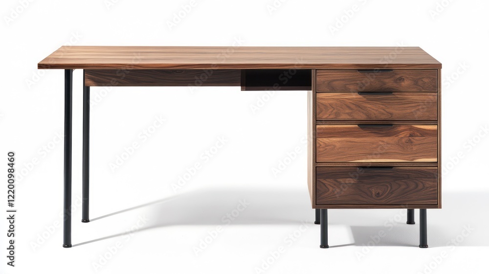 Stylish L shaped desk with three drawers and two cabinet doors on the right side, in a walnut wood color, black metal legs, white background, Stylish L shaped desk with three drawers and two cabinet doors on the right side, in a walnut wood color, black metal legs, white background,