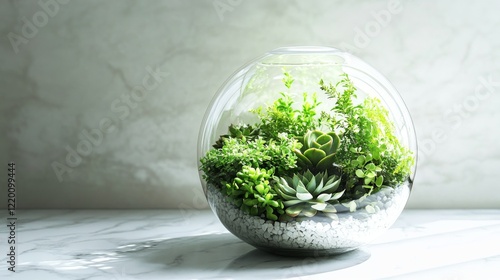 34.9. An elegant plant terrarium with several types of greenery, from tiny succulents to small plants, enclosed in a round glass container, placed on a white marble countertop with a subtle