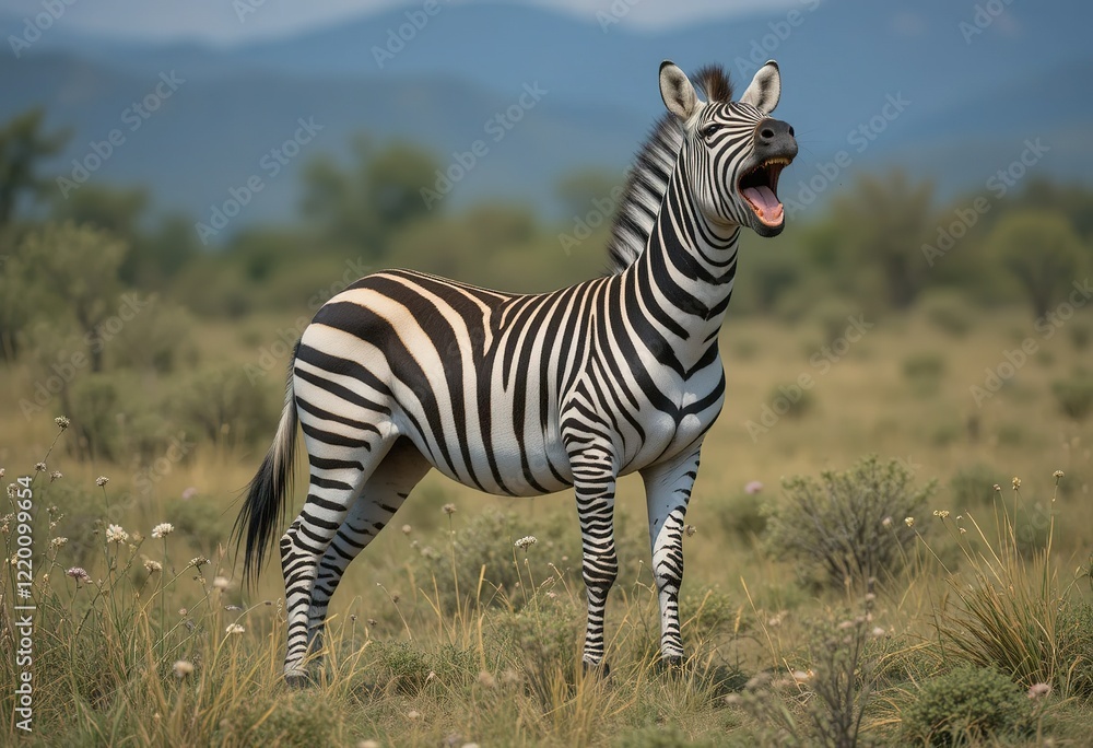 A single plains zebra stands in tall grass, its mouth open in a wide yawn, against a blurred background of African savanna. A single plains zebra stands in tall grass, its mouth open in a wide yawn, against a blurred background of African savanna.