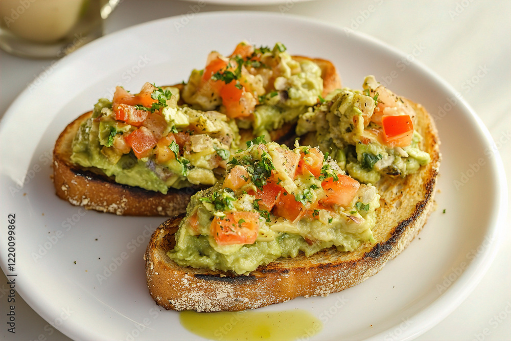 A delicate vegan avocado toast on a white plate. (Generative AI) A delicate vegan avocado toast on a white plate. (Generative AI)