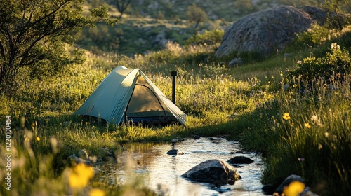 A tranquil camping experience with a small tent set up in a meadow, surrounded by wildflowers and a bubbling creek nearby photo