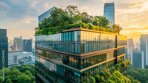 85.1. A stunning modern eco-friendly office building made of glass, with green trees planted on the rooftop and surrounding the structure, designed to reduce heat and carbon emissions, set against a photo