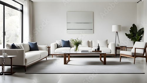 Stylish modern living room interior with white sofa, wooden coffee table, armchair, and minimalist artwork.