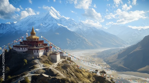 A tranquil monastery on a mountaintop with prayer flags fluttering in the wind, inspiring spirituality and peace.