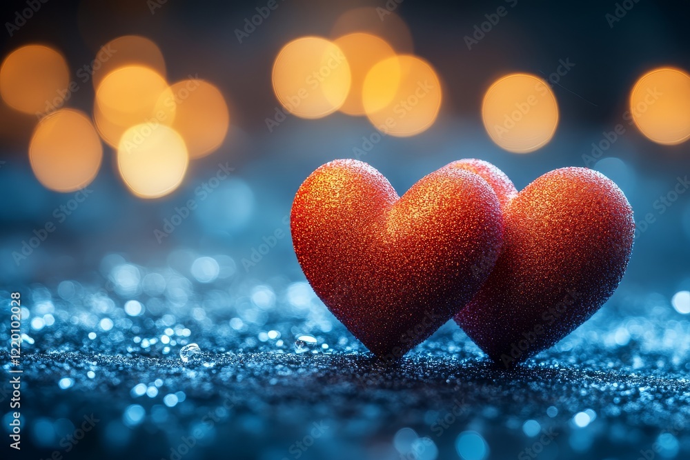 Fototapeta premium Two red hearts with white bokeh lights on blurred background, Valentine's Day celebration, love concept, romantic atmosphere.