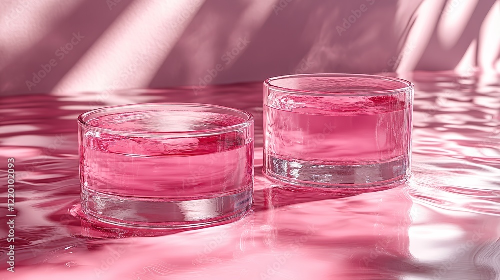 Two empty clear glass circle podiums on pink transparent calm water texture with waves in sunlight. Abstract nature background for product presentation. Flat lay cosmetic mockup, copy space. Two empty clear glass circle podiums on pink transparent calm water texture with waves in sunlight. Abstract nature background for product presentation. Flat lay cosmetic mockup, copy space.