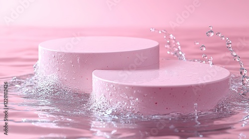 Two empty white circle podiums float on transparent water with gentle splashes, perfect for showcasing cosmetics.