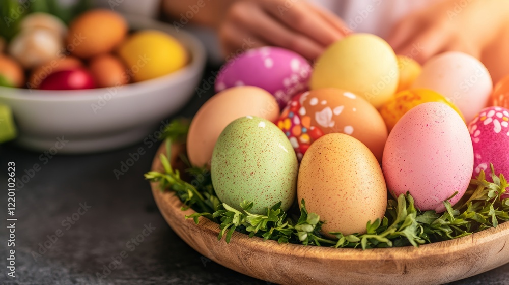 Colorful Easter Eggs in Wooden Bowl Nestled in Greens Colorful Easter Eggs in Wooden Bowl Nestled in Greens