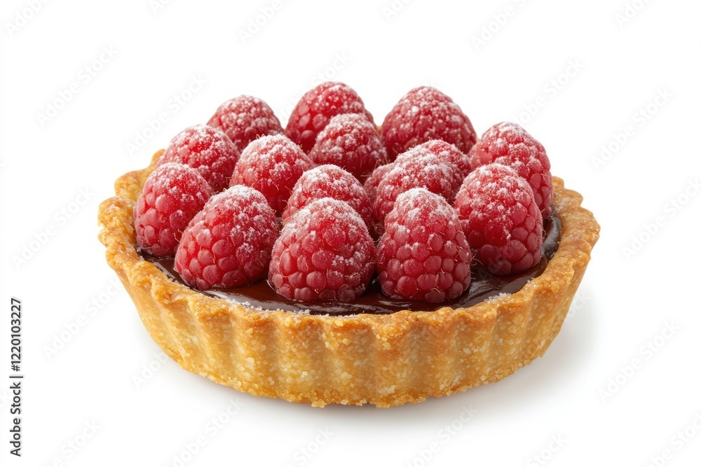 Delicious raspberry tart with chocolate filling and powdered sugar on top Delicious raspberry tart with chocolate filling and powdered sugar on top